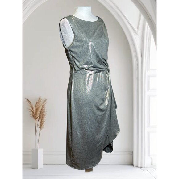 NEW Superfoxx Sz M Silver Metallic Sleeveless Dress Side Knot Asymmetric Ruffle - Picture 5 of 9